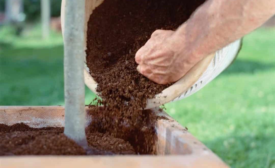 Homem jogando terra fértil em vaso