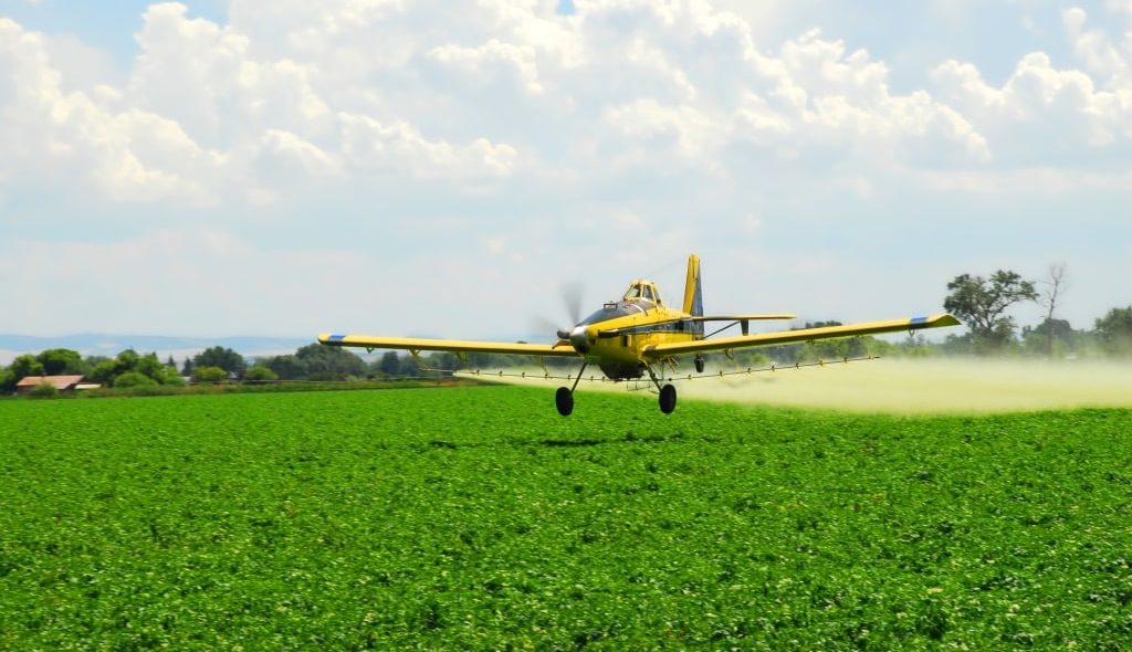 Avião agrícola voando baixo e pulverizando a lavoura