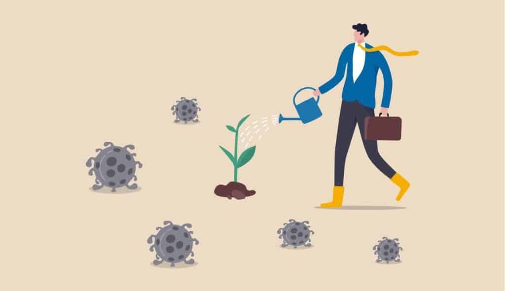 Desenho de homem regando planta rodeada por coronavírus