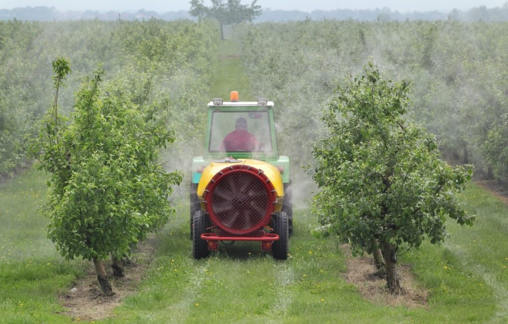 Trator pulverizando árvores frutíferas