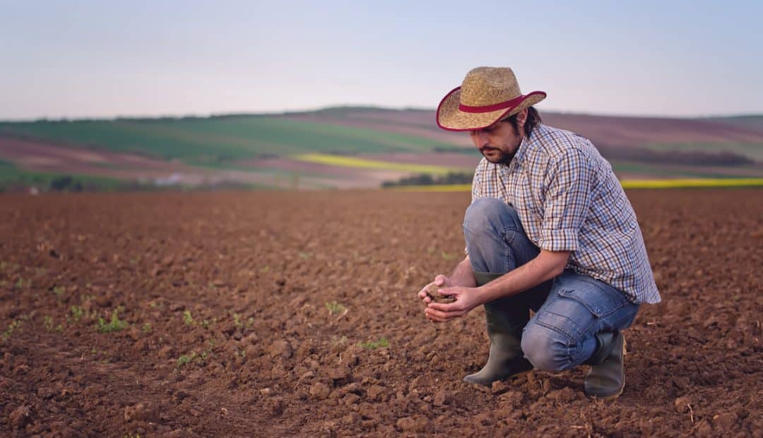 Produtor rural segura uma porção de terra nas mãos