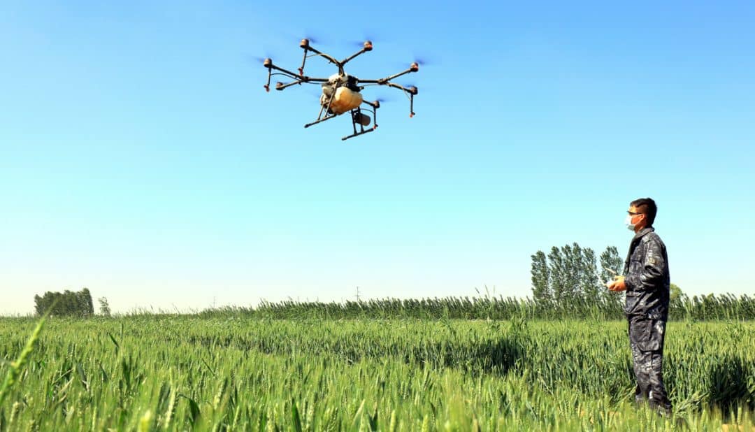 Homem operando drone na pulverização de lavoura.