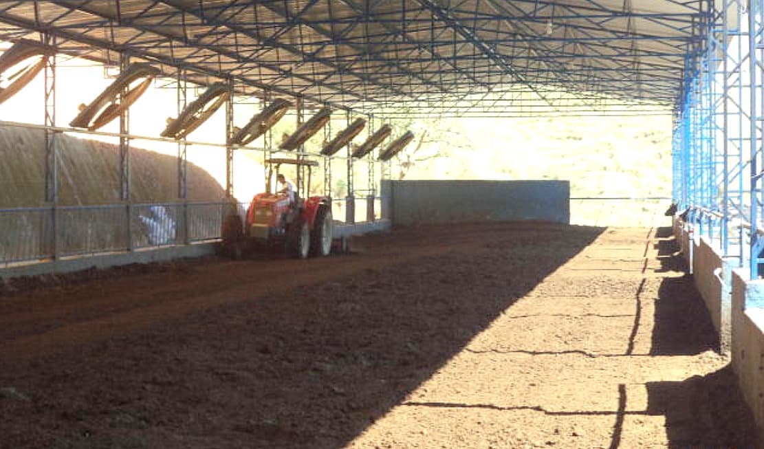 Trator limpando a baia de confinamento.