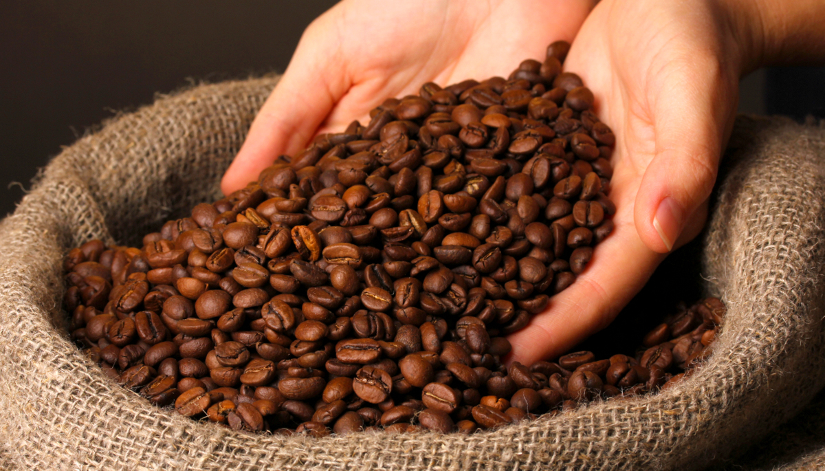 Grãos de café dentro de um saco