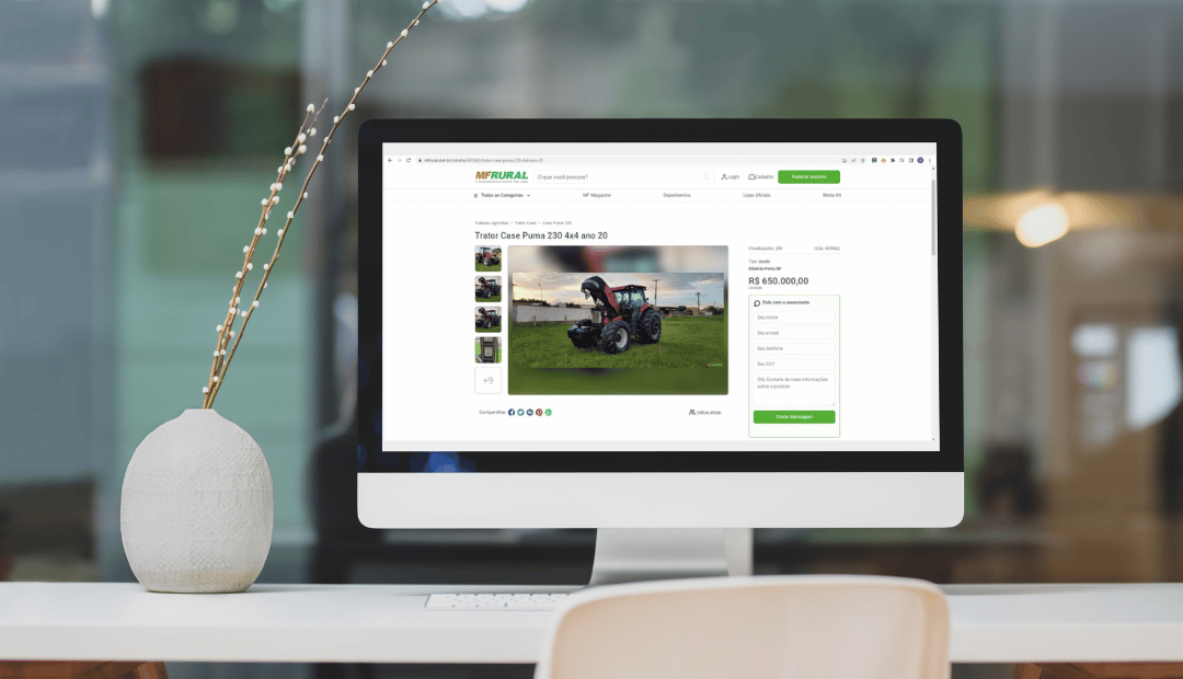 Mockup do site MF Rural, mostrando um anúncio de trator