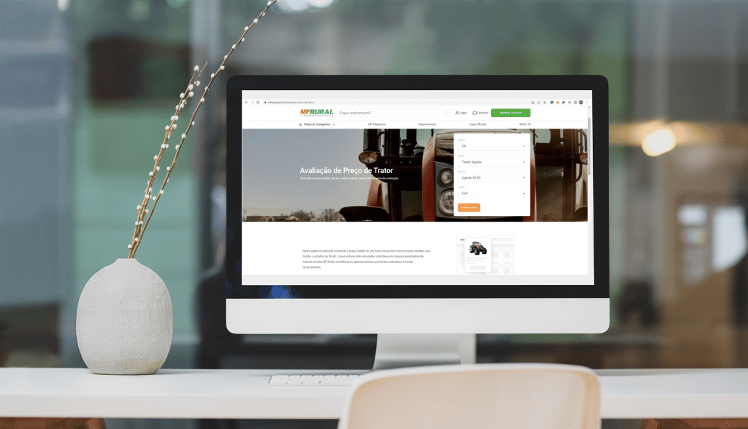 Mockup do site MF Rural, mostrando como avaliar o preço de tratores