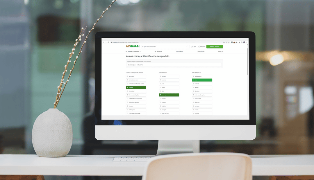 Mockup do site MF Rural, mostrando o passo a passo para criar um anúncio