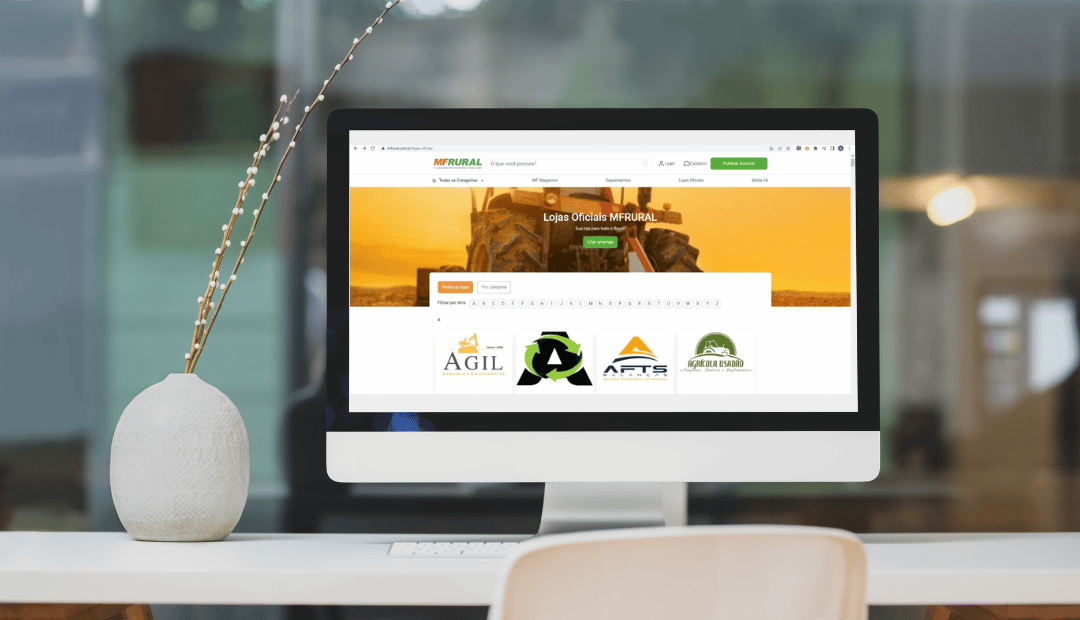 Mockup do site MF Rural, mostrando a página de Lojas Oficiais