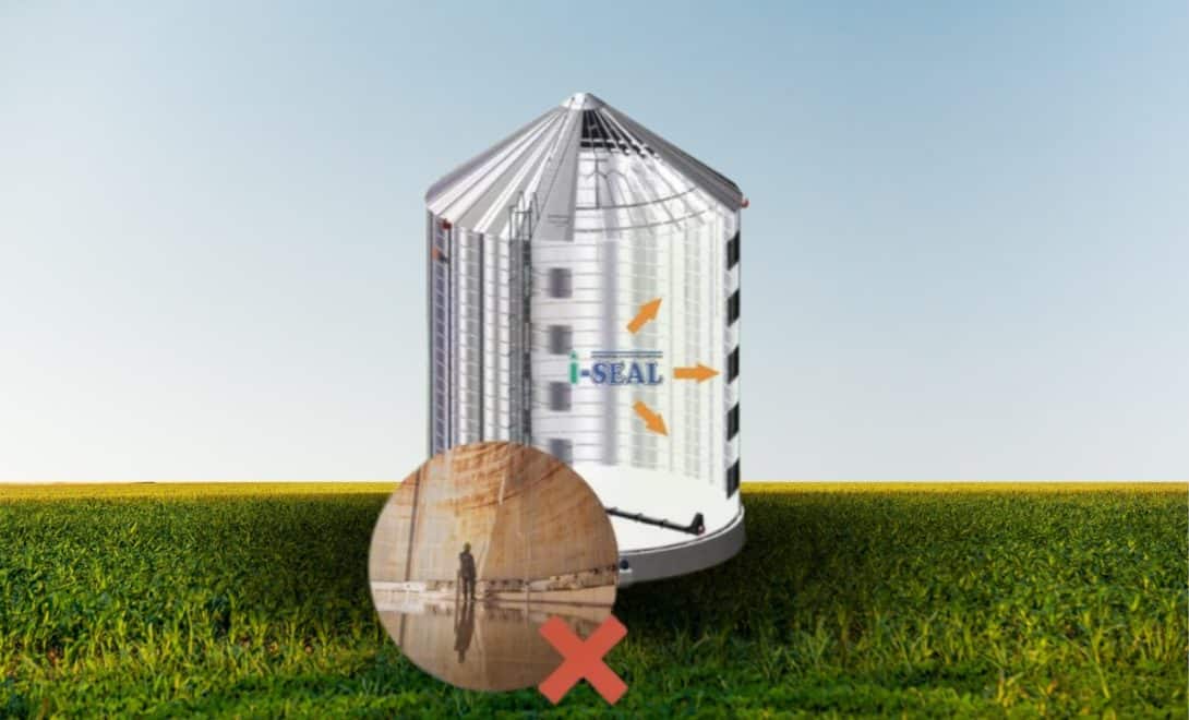 Esquema demonstrando como fica a parede interna do silo com e sem utilização do impermeabilizante i-seal