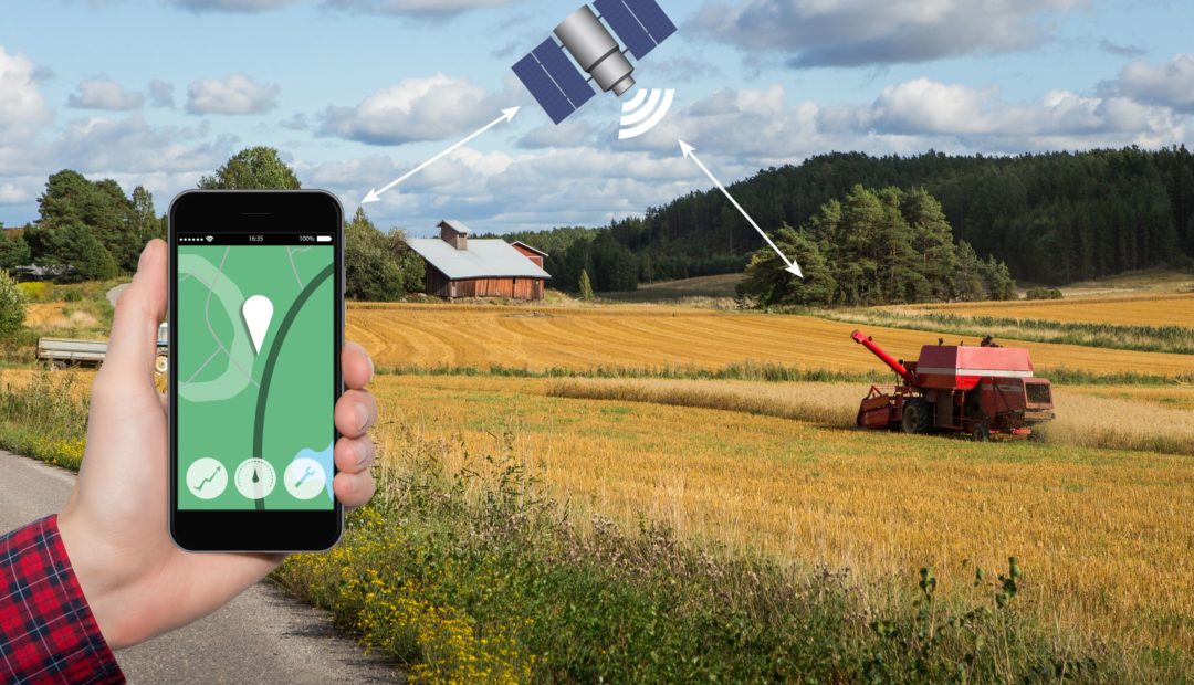 Homem segurando celular, com conexão à colhedora em campo, via satélite