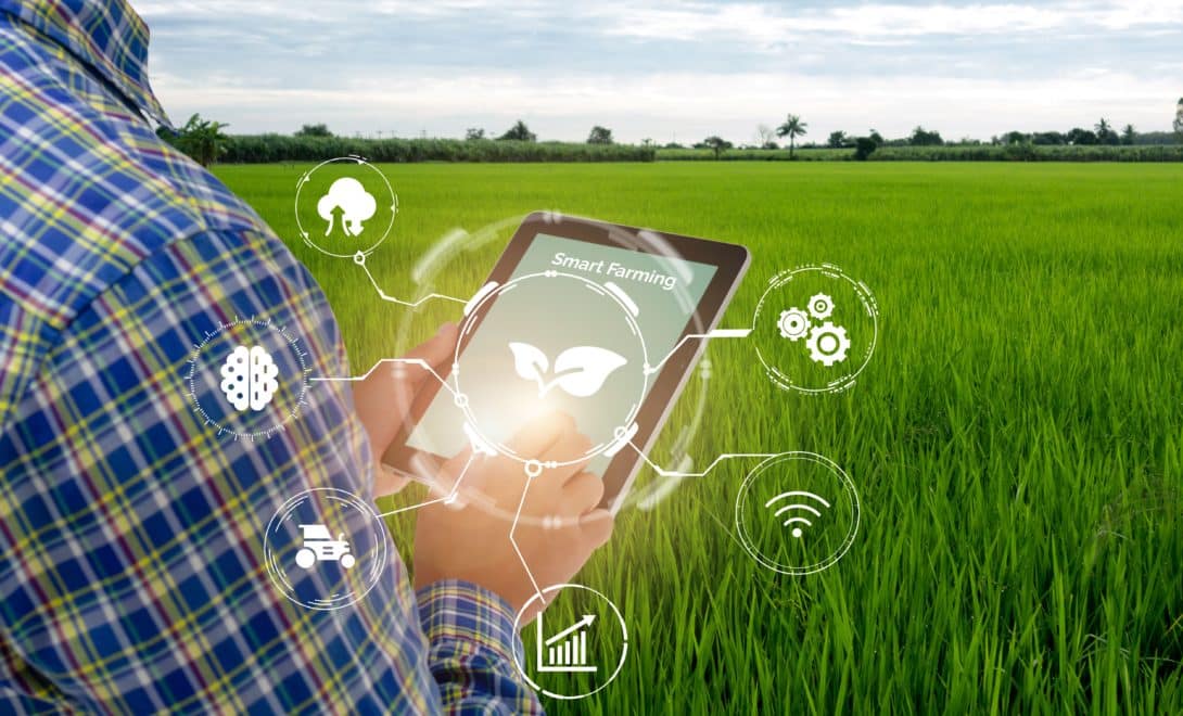 Homem no campo segurando tablet com software de gerenciamento agrícola
