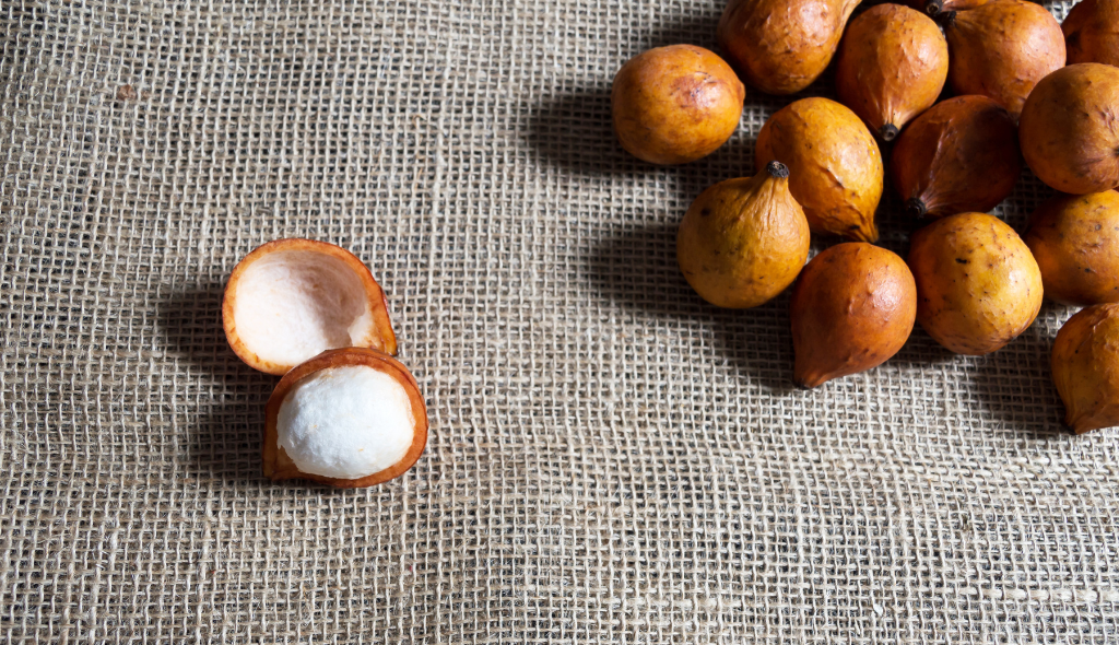 Frutos de bacupari de coloração laranja em cima de saco de estopa. Um dos frutos está separado dos demais e com a casca cortada ao meio, mostrando o conteúdo da polpa de coloração branca