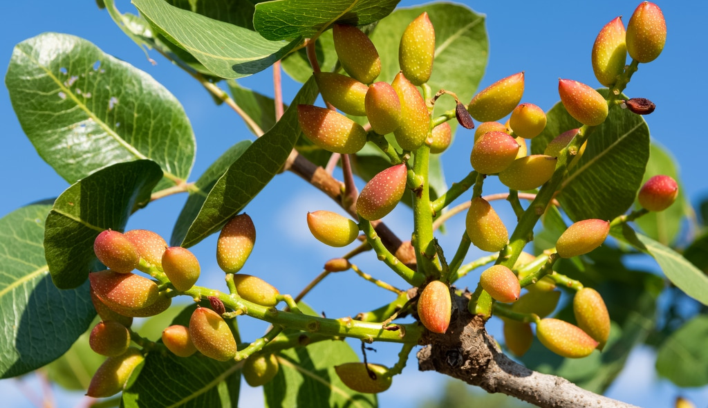 Pistacheiro com destaque para os seus ramos, folhas verdes e frutos amarelo-avermelhados