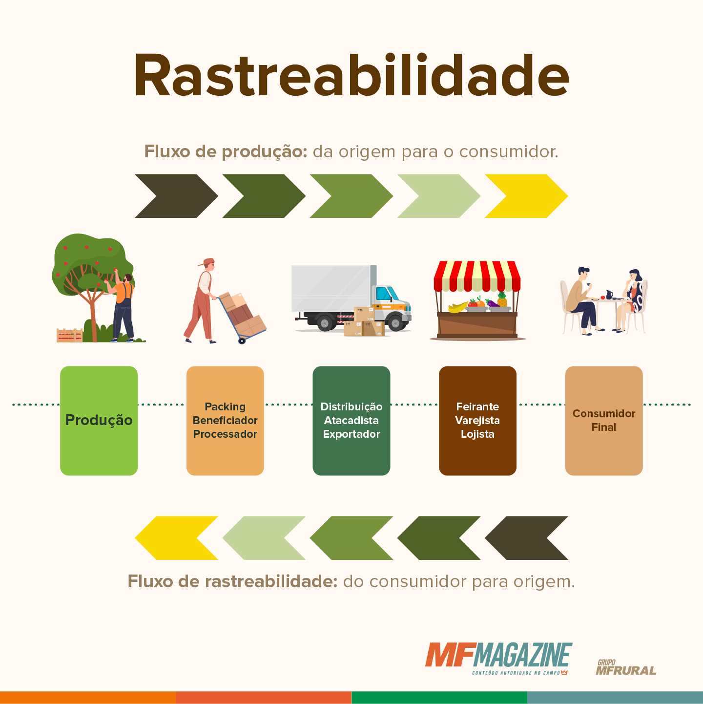 Infográfico de rastreabilidade indicando fluxo de proudção, da origem ao consumidor e fluxo da rastreabilidade, do consumidor para origem, incluindo desde a produção até o consumidor final