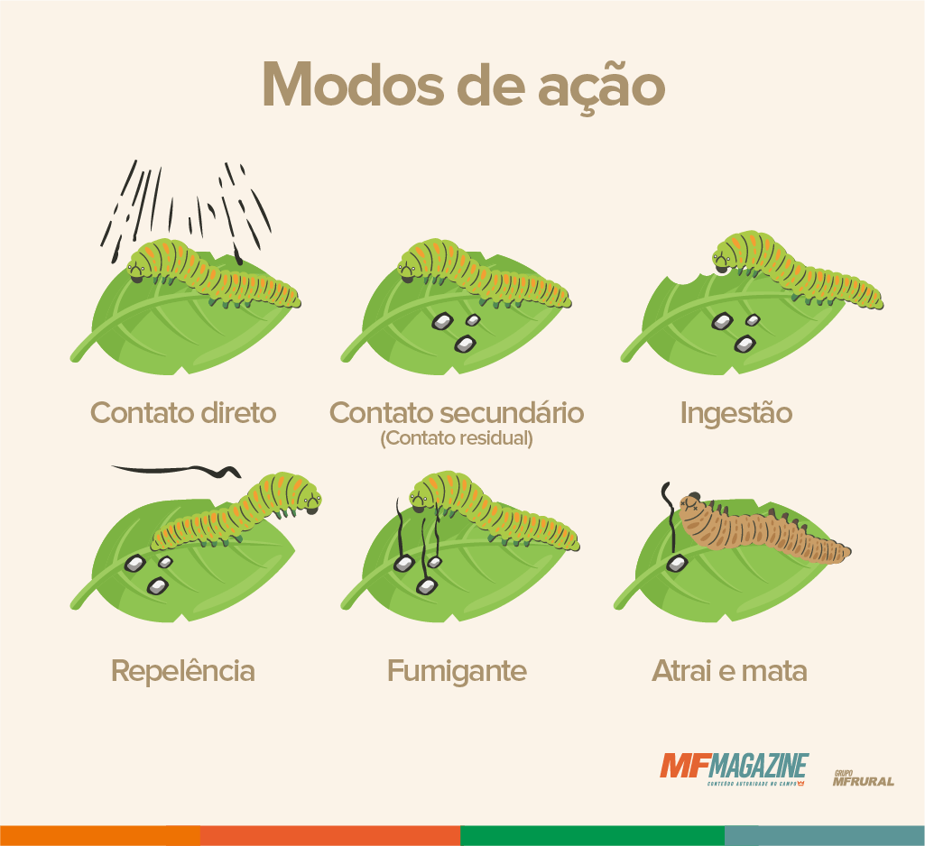 Infográfico demonstrando os modos de ação dos inseticidas: contato direto, contato secundário, ingestão, repelência, fumigante e atração e morte