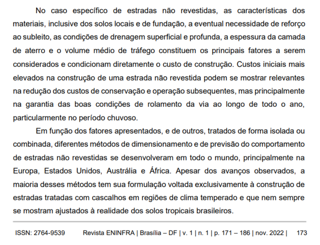 Trecho de artigo científico "Proposta de avaliação das condições estruturais e funcionais de trechos experimentais de uma estrada não revestida construída com diferentes técnicas de melhoramento de solos" publicado na Revista ENINFRA.