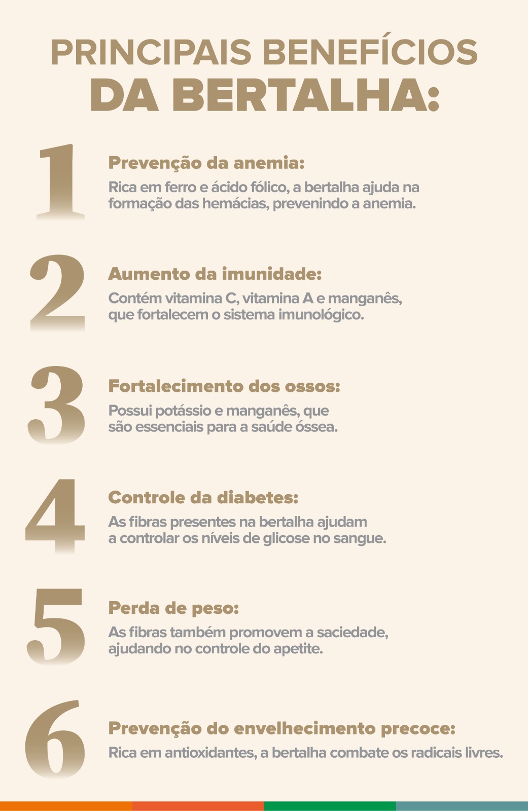Infográfico com os principais benefícios da bertalha: prevenção da anemia; aumento da imunidade; fortalecimento dos ossos; controle da diabetes; perda de peso; prevenção do envelhecimento precoce.