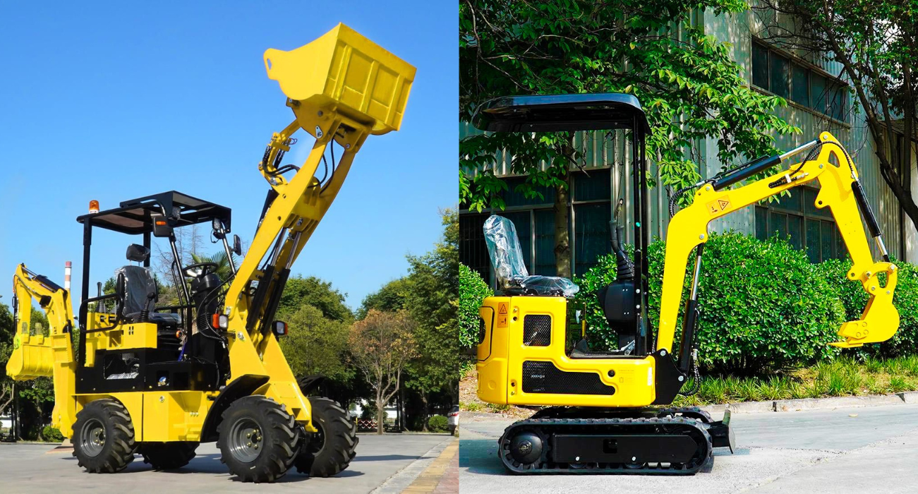 SVX R90E Mini Retroescavadeira (à esquerda) e Mini Escavadeira de 1 tonelada com braço articulado SVX10S (à direita).