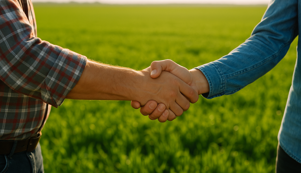 Duas pessoas apertando as mãos em um campo verde, simbolizando um acordo ou parceria no ambiente rural.