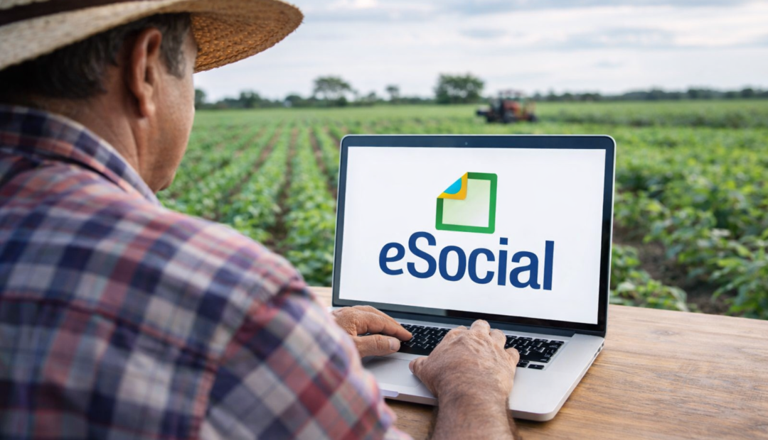 e-Social do agro Homem do campo, usando chapéu de palha e camisa xadrez, trabalha em um notebook apoiado sobre uma mesa de madeira em meio à lavoura. Na tela do computador aparece o sistema eSocial, enquanto ao fundo é possível ver uma plantação verde e um trator ao longe, representando o uso de tecnologia na gestão rural.