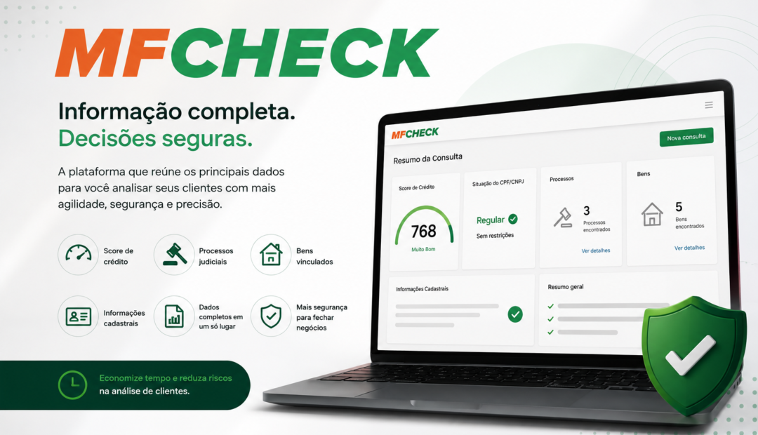 Laptop com a plataforma MF Check aberta mostrando score, status de CPF ou CNPJ, processos e bens