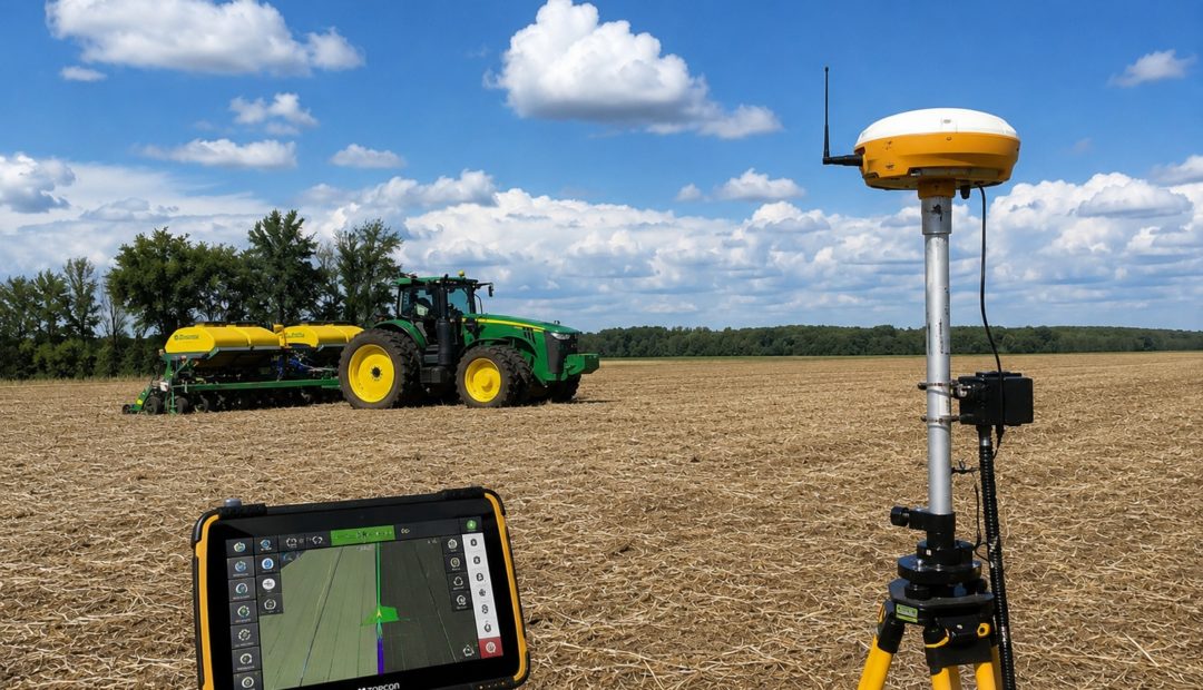 Trator com plantadeira operando em área de plantio direto coberta por palhada, enquanto uma estação base RTK instalada na propriedade transmite correções de sinal para aumentar a precisão das operações agrícolas
