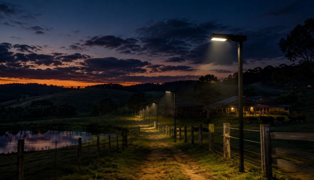 Estrada de terra em uma propriedade rural durante o entardecer, iluminada por postes solares ao longo do caminho. Ao fundo, há uma sede de fazenda cercada por pastagens, cercas e um pequeno lago, destacando os desafios e a importância da iluminação em áreas afastadas da propriedade