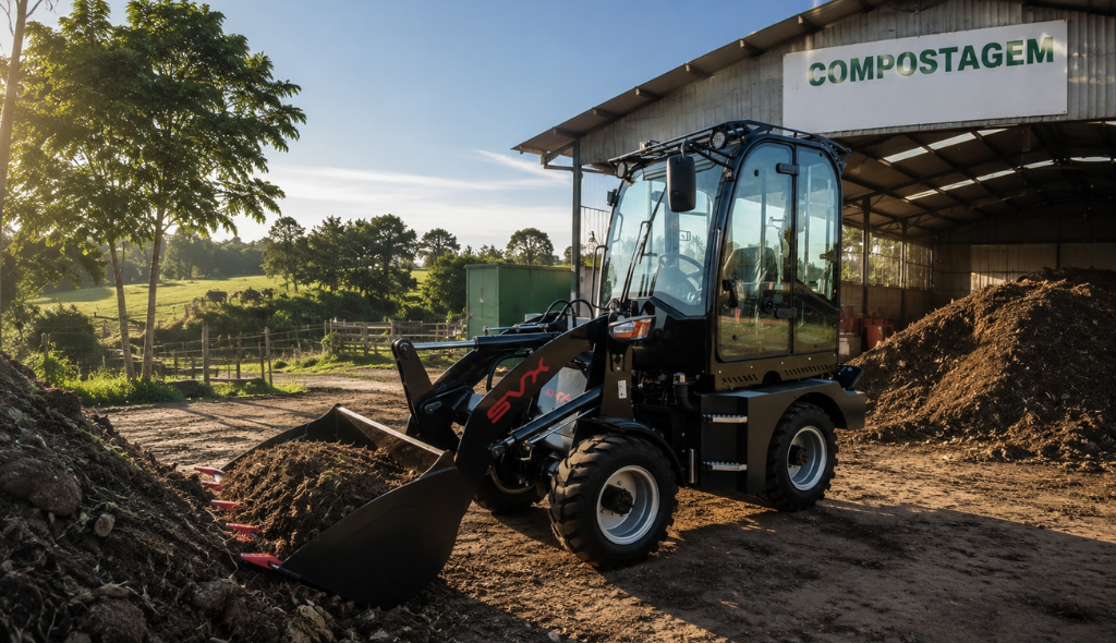 Mini Retroescavadeira SVX R30C Pá carregadeira compacta preta da SVX operando em uma área de compostagem, com a concha cheia de material orgânico. Ao fundo, há um galpão com a placa "COMPOSTAGEM", montes de composto, árvores e uma paisagem rural iluminada pela luz do sol. A imagem destaca a aplicação da máquina na movimentação de materiais, limpeza e manejo de compostagem em propriedades rurais e operações agrícolas.