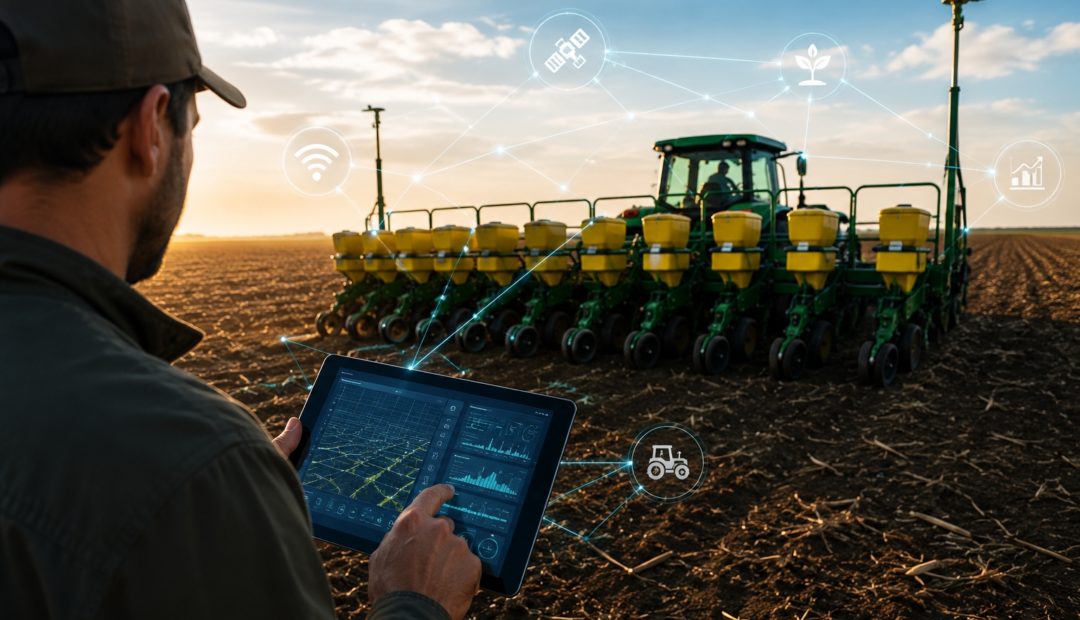 Produtor rural utiliza um tablet para monitorar uma plantadeira em operação, representando o uso de Inteligência Artificial, sensores e agricultura digital no monitoramento das operações de plantio