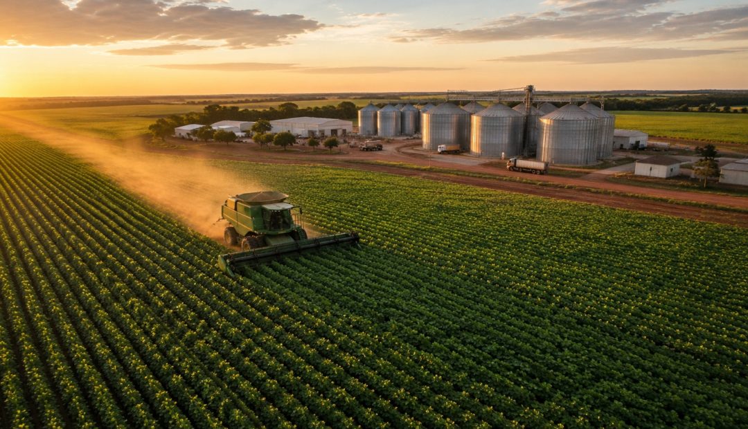 Colheitadeira operando em uma ampla lavoura ao lado de uma unidade de armazenagem com silos metálicos, ilustrando a mecanização, a infraestrutura e o avanço tecnológico que impulsionaram o desenvolvimento do agronegócio no MATOPIBA
