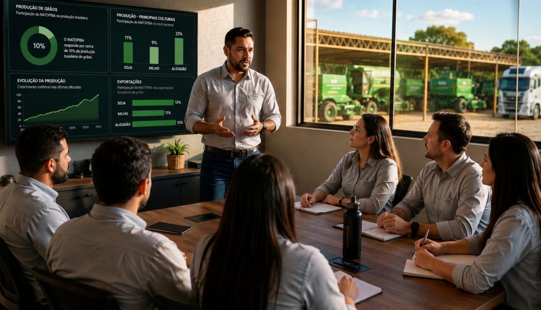 Equipe reunida em uma sala de reuniões durante um encontro de alinhamento estratégico, com um líder apresentando indicadores em um painel de gráficos, representando a importância da gestão de pessoas e da liderança para o crescimento das empresas