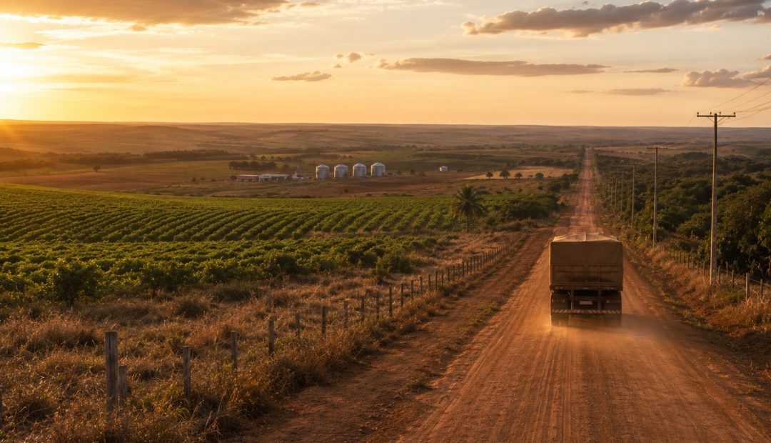 Caminhão trafegando por uma estrada de terra entre lavouras no sul do Maranhão durante o pôr do sol, com silos de armazenagem e áreas agrícolas ao fundo, representando o desenvolvimento da infraestrutura e da produção no MATOPIBA