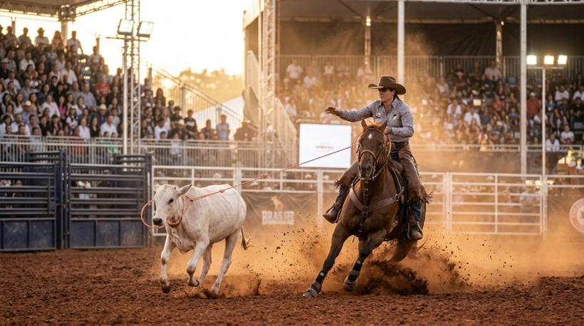 Uma mulheres em cima de um cavalo laçando um bezerro