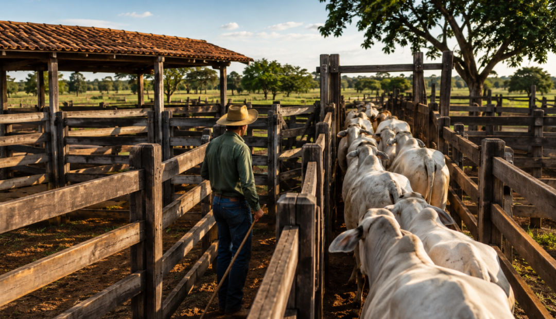 Um produtor rural olhando para o rebanho de bovinos, enquanto eles caminham calmamente
