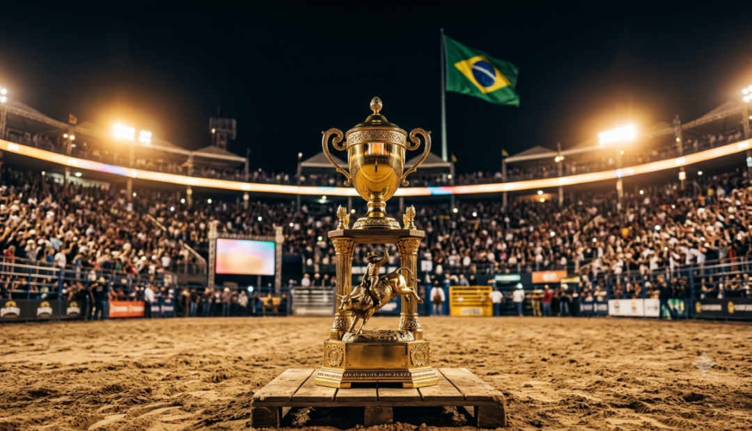 Troféu de rodeio em uma arena lotada durante uma competição de montaria em touros, com bandeira do Brasil ao fundo.