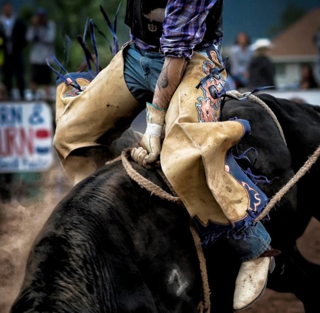 Peão montando um touro durante uma competição de rodeio, segurando a corda americana.