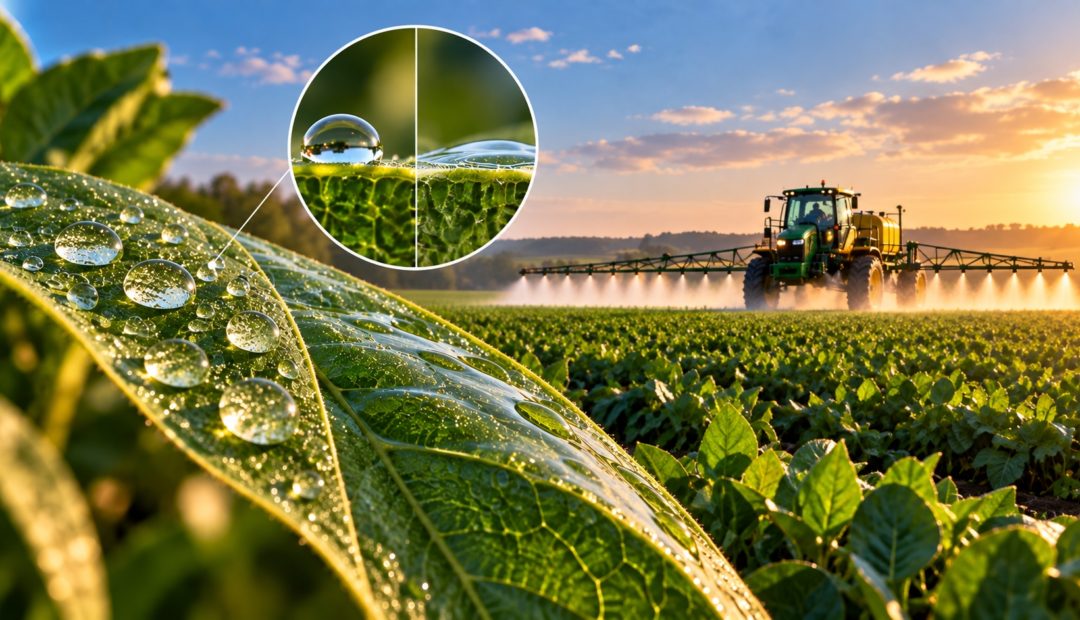 Gotas sobre folha em destaque e pulverizador agrícola aplicando defensivos em uma lavoura.