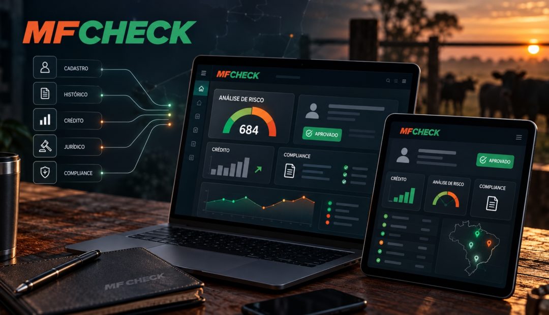 Representação do MF CHECK em notebook e tablet, com painéis de análise de risco, crédito, dados jurídicos e compliance, em cenário ligado ao agronegócio