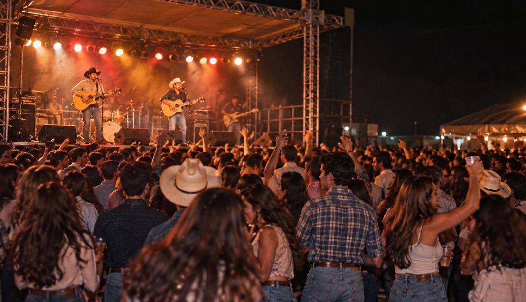 Show sertanejo inspirado nos anos 1990, com dupla no palco e público jovem acompanhando a apresentação