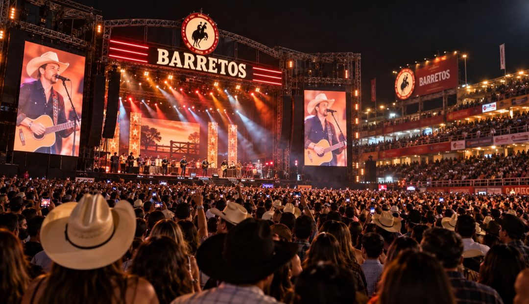 Show sertanejo em arena lotada durante a Festa do Peão de Barretos, com público usando chapéus e palco iluminado