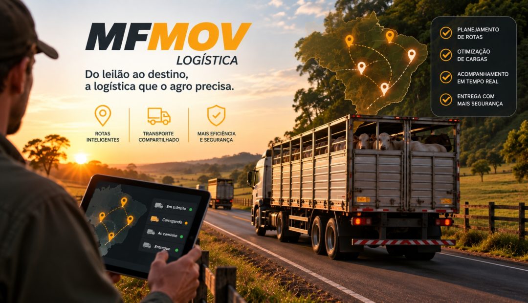 Caminhão transportando gado em rodovia rural, com mapa de rotas logísticas e sistema de acompanhamento da MF MOV para planejamento e transporte de animais