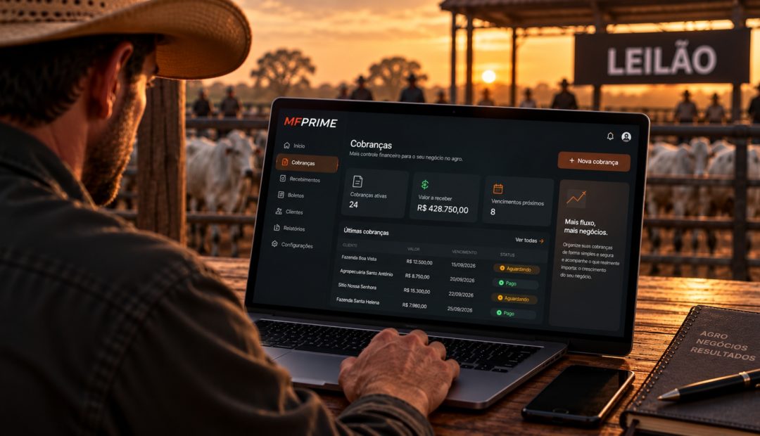 Produtor rural utilizando a plataforma MF Prime em um notebook para acompanhar cobranças e recebimentos relacionados a um leilão de gado