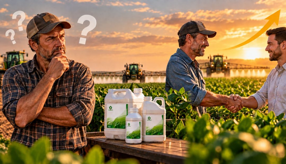 Produtor rural em dúvida sobre o uso de adjuvantes, com produtos agrícolas e pulverizadores ao fundo, ao lado de uma cena que representa confiança e resultados no campo
