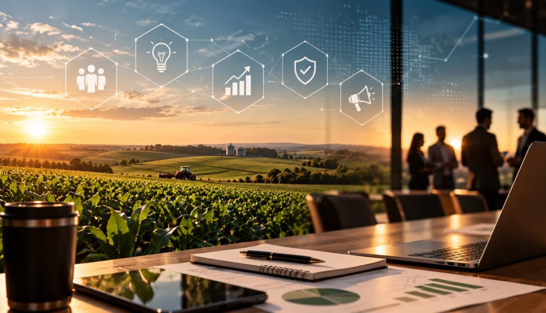 Ambiente que integra agronegócio, tecnologia e estratégia, com lavoura ao fundo, notebook e elementos digitais representando inovação e comunicação no agro