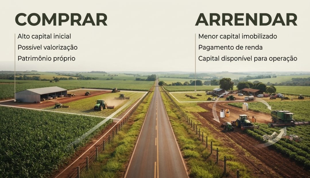 Infográfico comparativo entre "Comprar" e "Arrendar" terras agrícolas numa paisagem rural dividida por uma estrada. Do lado esquerdo (Comprar), destaca-se: Alto capital inicial, Possível valorização e Património próprio. Do lado direito (Arrendar), destaca-se: Menor capital imobilizado, Pagamento de renda e Capital disponível para operação.