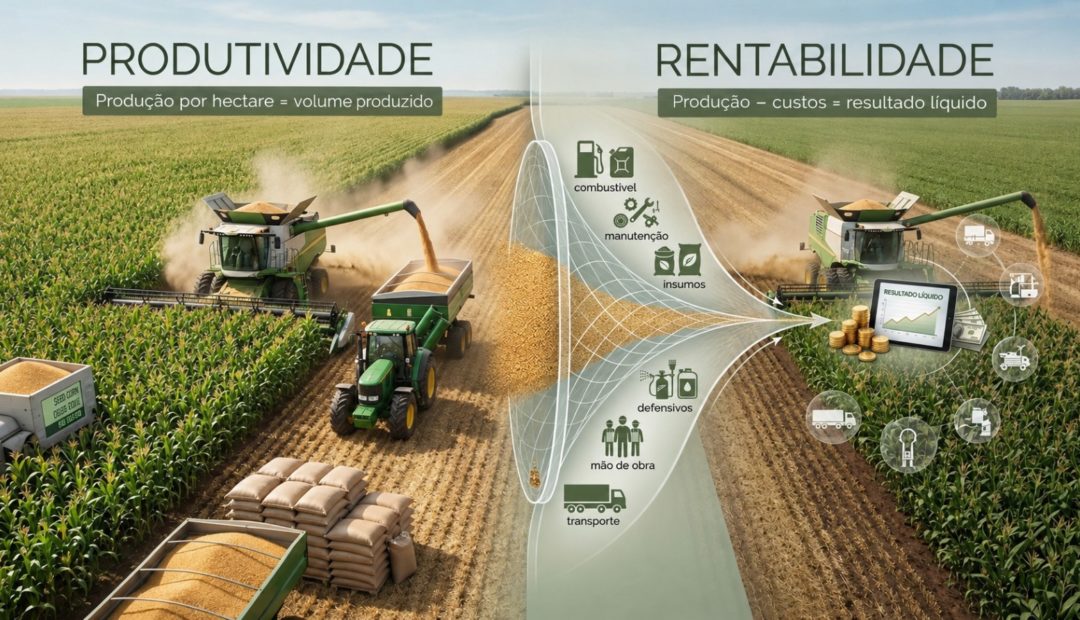 Infográfico explicativo que diferencia Produtividade (produção por hectare = volume produzido) de Rentabilidade (produção menos custos = resultado líquido), destacando os custos agrícolas envolvidos no processo.