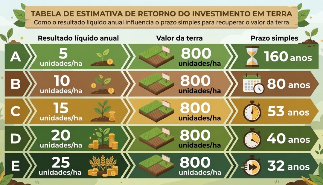 Tabela ilustrada sobre a estimativa de retorno do investimento em terra.